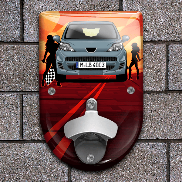 107 (3-Türer) Flaschenöffner für Wand personalisiert mit deinem Auto u. Kennzeichen!
