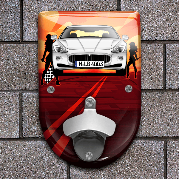 Granturismo Flaschenöffner für Wand personalisiert mit deinem Auto u. Kennzeichen!
