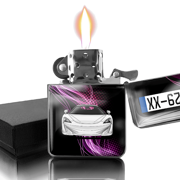 600LT briquet essence personnalisé avec voiture et plaque d'immatriculation !