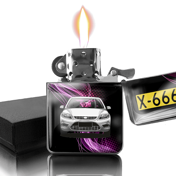 Focus Turnier gepersonaliseerde benzine aansteker met nummerplaten!